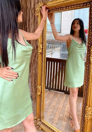 Şal Yaka Mint Yeşil Mini Saten Elbise